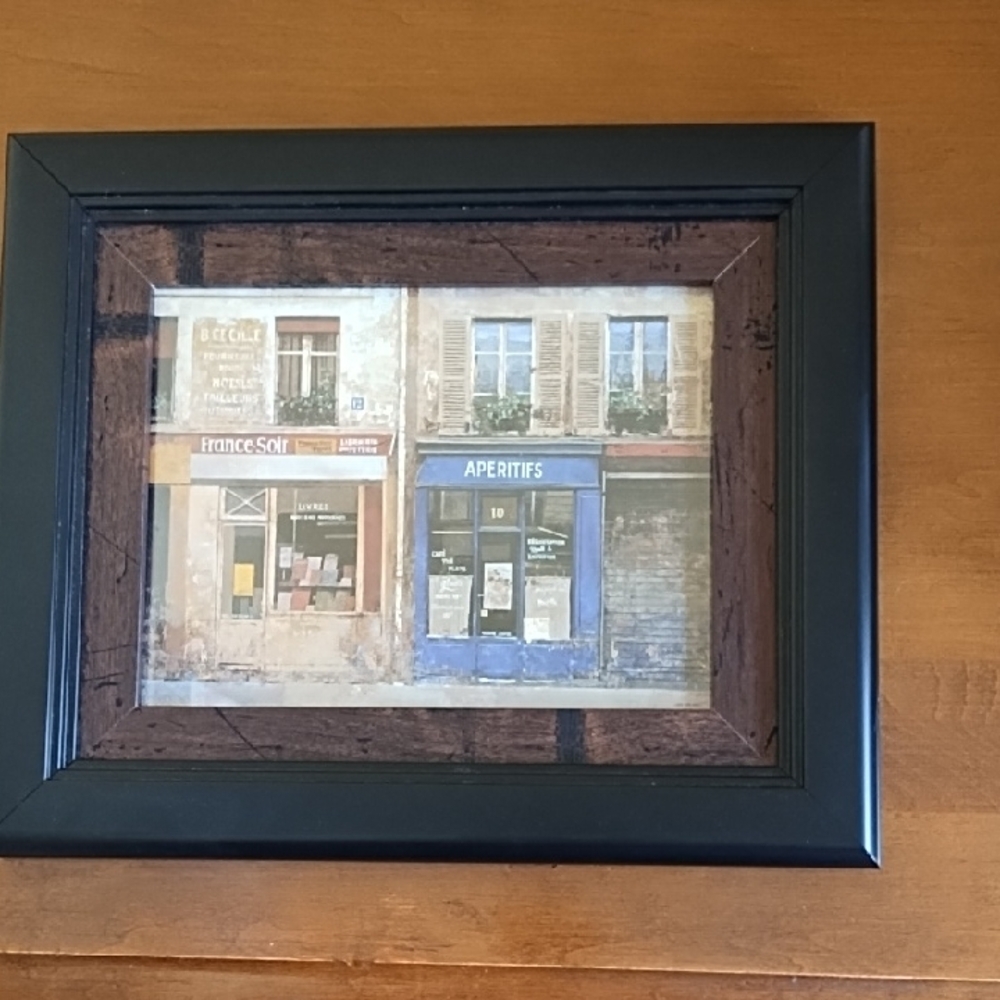 French Street Scene Wood Frame Cafe Bakery Patisserie Blue Red Cream Brown Black